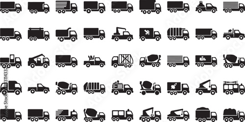 40 black and white construction vehicle icons, truck and tractor set, industrial transport symbols, vector graphics