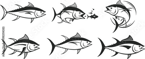 Six distinct illustrations of tuna fish in various dynamic poses and actions