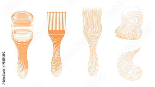 Illustration featuring four abstract hair styling tools, each with unique, stylized line-art details