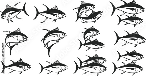 Diverse illustrations of tuna fish in various orientations and sizes