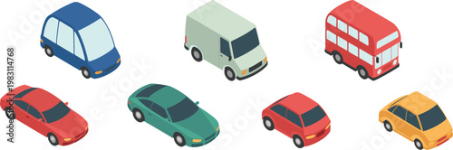Isometric vehicles set, cars van and bus collection, urban transport vector illustration design isolated