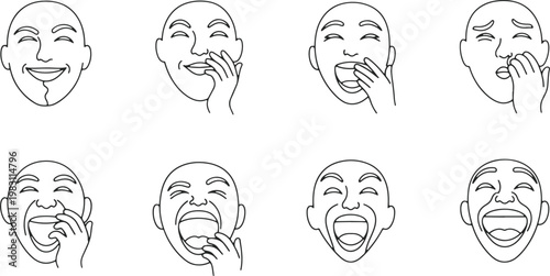Illustrations of various facial expressions depicting laughter and amusement gestures