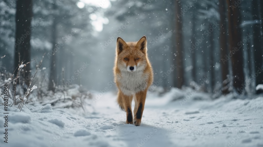Fototapeta premium Majestic Orange Fox Walking Through a Snowy Forest in Cinematic Style with Soft Lighting and Atmospheric Background