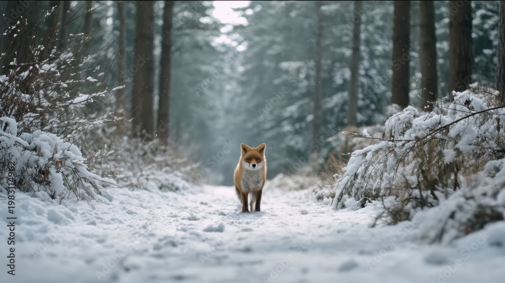 Fototapeta premium A Beautiful Fox Walking Through a Snowy Forest Path Surrounded by Frosty Trees in a Cinematic Landscape