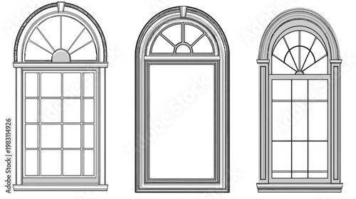 Architectural illustration of three arched windows, showing frames and gridded panes