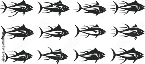 School of tuna fish swimming in formation with dynamic motion lines