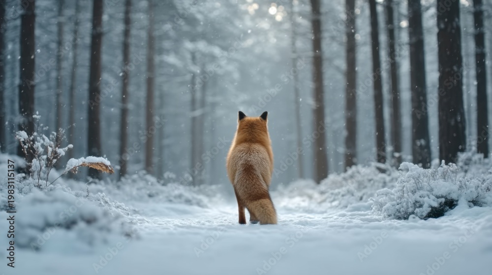 Fototapeta premium A Fox Walking Through a Snow-Covered Forest in a Serene Winter Landscape