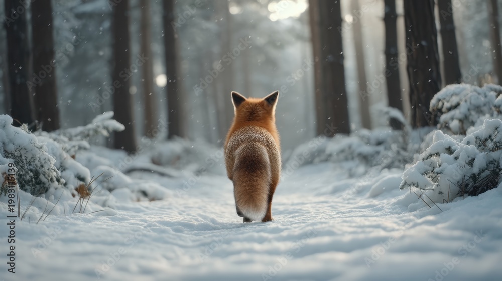 Fototapeta premium A Red Fox Walking Through a Serene Snow-Covered Forest Path under Soft Winter Light