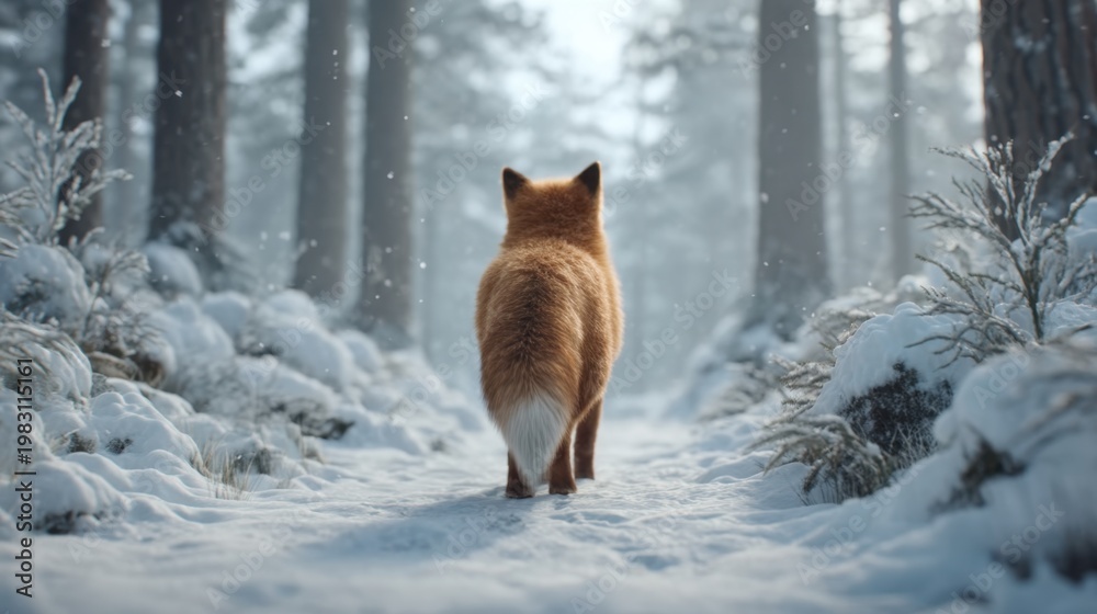 Fototapeta premium Fox Walking Through a Snow-Covered Forest Path Surrounded by Tall Trees and Gentle Snowfall
