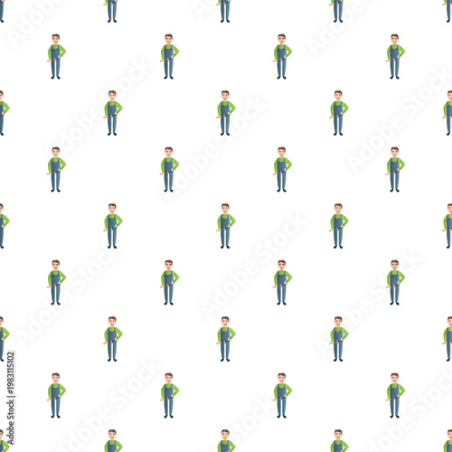 Worker character creating a seamless professional service pattern on white background