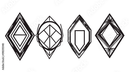 Four black and white abstract geometric diamond-shaped designs. Varying internal structures. White background