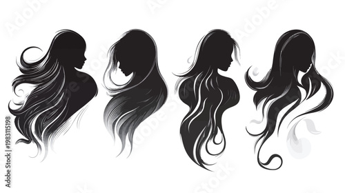 Silhouettes of women with flowing hair, in black and white, against a white background