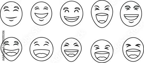 A collection of ten cheerful black and white facial emojis with varying degrees of smiles and eyes.