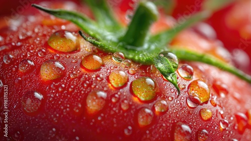 Fresh Red Tomato with Water Droplets on Surface, Close-Up View