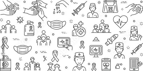 Healthcare awareness and medical support line icons with doctors masks vaccines and charity elements isolated on transparent background vector illustration