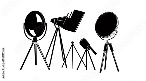 Black and white illustration of stage lighting equipment with various shapes and stands