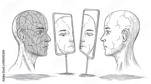 Black and white illustration of two heads with fragmented skin, mirrors showing faces