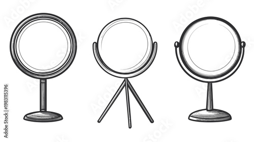 A set of three hand-drawn cosmetic mirrors with varying stands on a white background