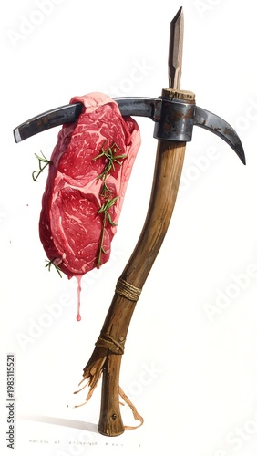 A raw steak hangs from a pickaxe