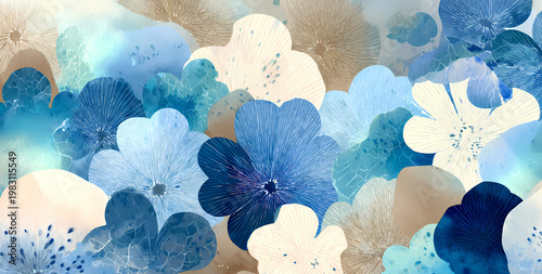 Arrière-plan floral abstrait à l'aquarelle bleue et dorée pour design d'invitation élégant