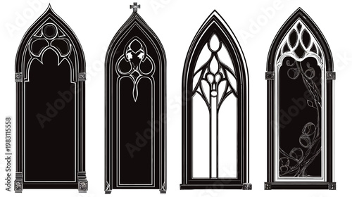 Four gothic arch window designs in a grayscale palette, with detailed architectural variations