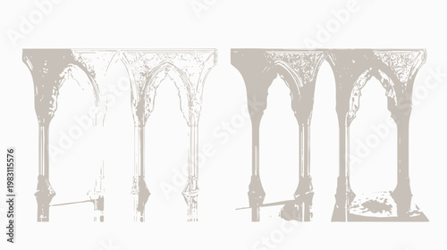 Monochrome depiction of arched structures with ornate details, resembling ancient architecture