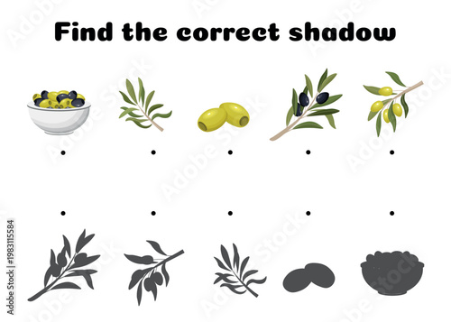 Find the correct shadow game worksheet with olives branches wreath and food elements fun educational activity for kids learning shapes matching and visual recognition