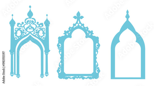 Three stylized arch and frame designs in a light blue hue on a clean white background