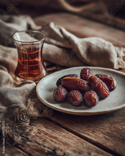 A glass of tea and a plate of dates on a rustic wooden table with a beige cloth background.