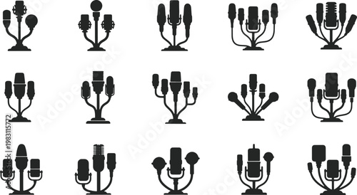Diverse styles of vintage microphones displayed in a grid layout