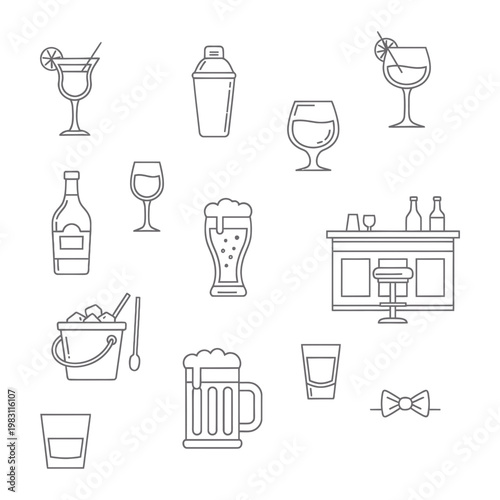 Bar and drinks icons collection with ice bucket