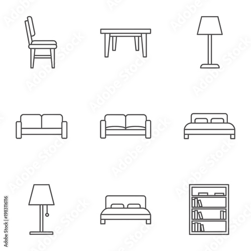 Furniture icons for home decor with furniture ico