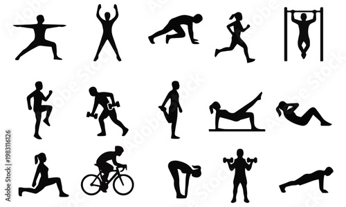 Fitness Workout Stick Figure Icons Set – Yoga, Exercise, Gym Activity Silhouette Collection