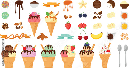 Colorful Ice Cream Cones with Various Toppings, Fruits, Syrups, and Sprinkles, Delicious Sweet Treats Illustration