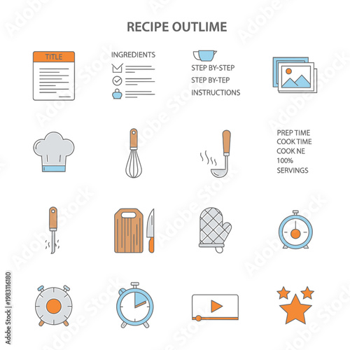 Cooking and recipe icons set with ingredients