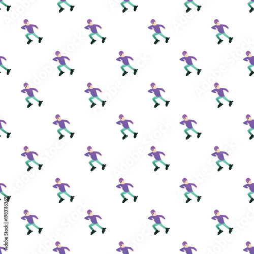 Male rollerbladers wearing purple and green uniform repeatedly skating