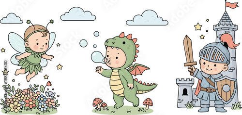 Children in Fantasy Costumes, Fairy, Dragon, and Knight with Castle for Magical Playtime and Adventure Illustration