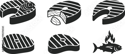 Illustrations of various fish cuts and grilling techniques with a whole fish