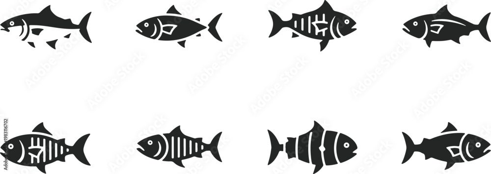 Fototapeta premium Varied illustrations of different fish species in black and white silhouette style