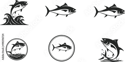Various stylized illustrations of tuna fish in different artistic representations