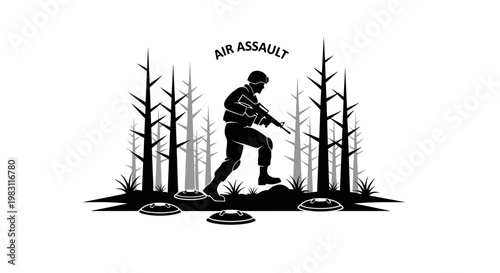 Air Assault Soldier with Rifle in Forest, Military Action, Tactical Operation