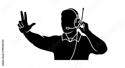 Air Traffic Controller Silhouette Directing Aircraft with Hand Signals and Headset