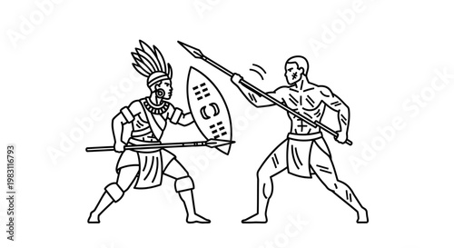 African Warriors Fighting with Spears and Shields, Tribal Combat Illustration