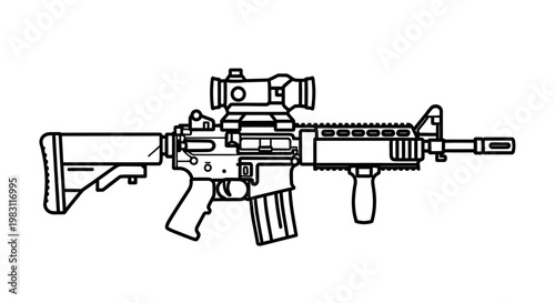 Assault Rifle with Scope and Foregrip, Military Weapon Line Art