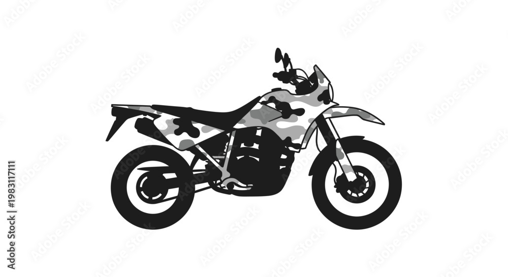 Obraz premium Camouflage Dual Sport Motorcycle - Adventure Bike on White Background