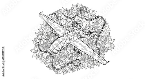 Camouflaged Drone Airplane in Lush Green Foliage, Aerial Surveillance Concept