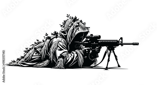 Camouflaged Sniper Soldier Aiming Rifle with Scope in Ambush Position, Military Combat Concept