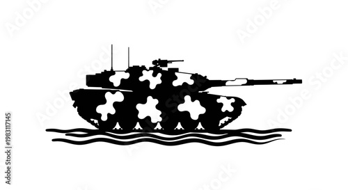 Camouflaged Tank Silhouette on Water Waves, Military Vehicle Illustration