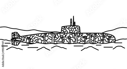 Camouflaged Submarine Sailing on Wavy Water Surface, Military Naval Vessel