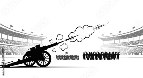 Cannon Firing at Military Formation in Stadium Crowd